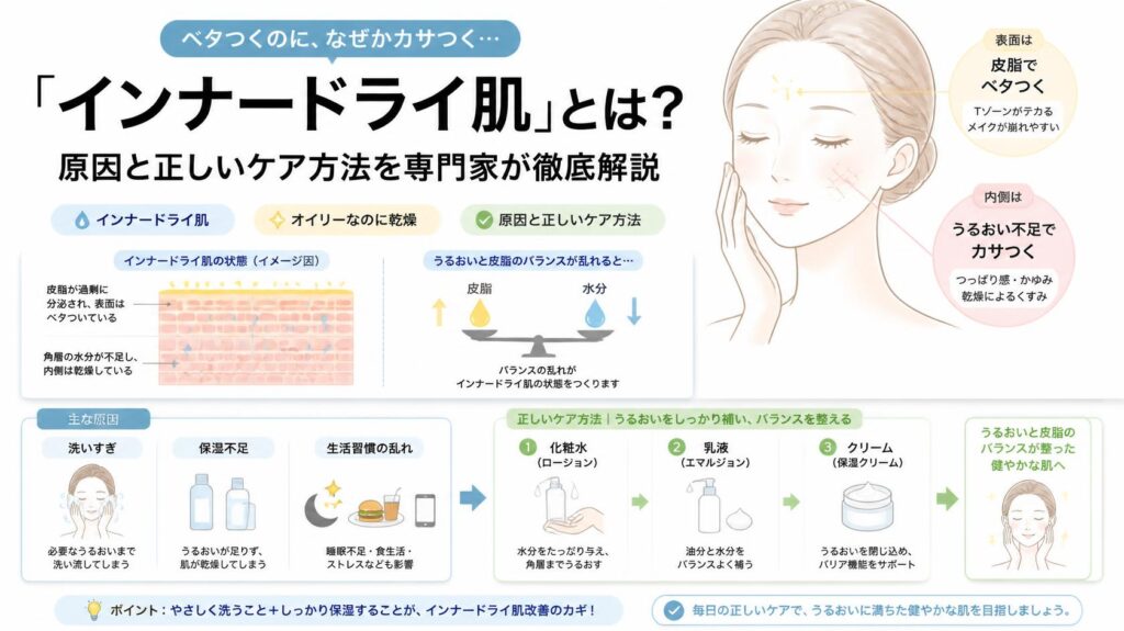 「インナードライ肌」とは？ベタつくのに乾く肌の原因と正しいケア法を専門解説