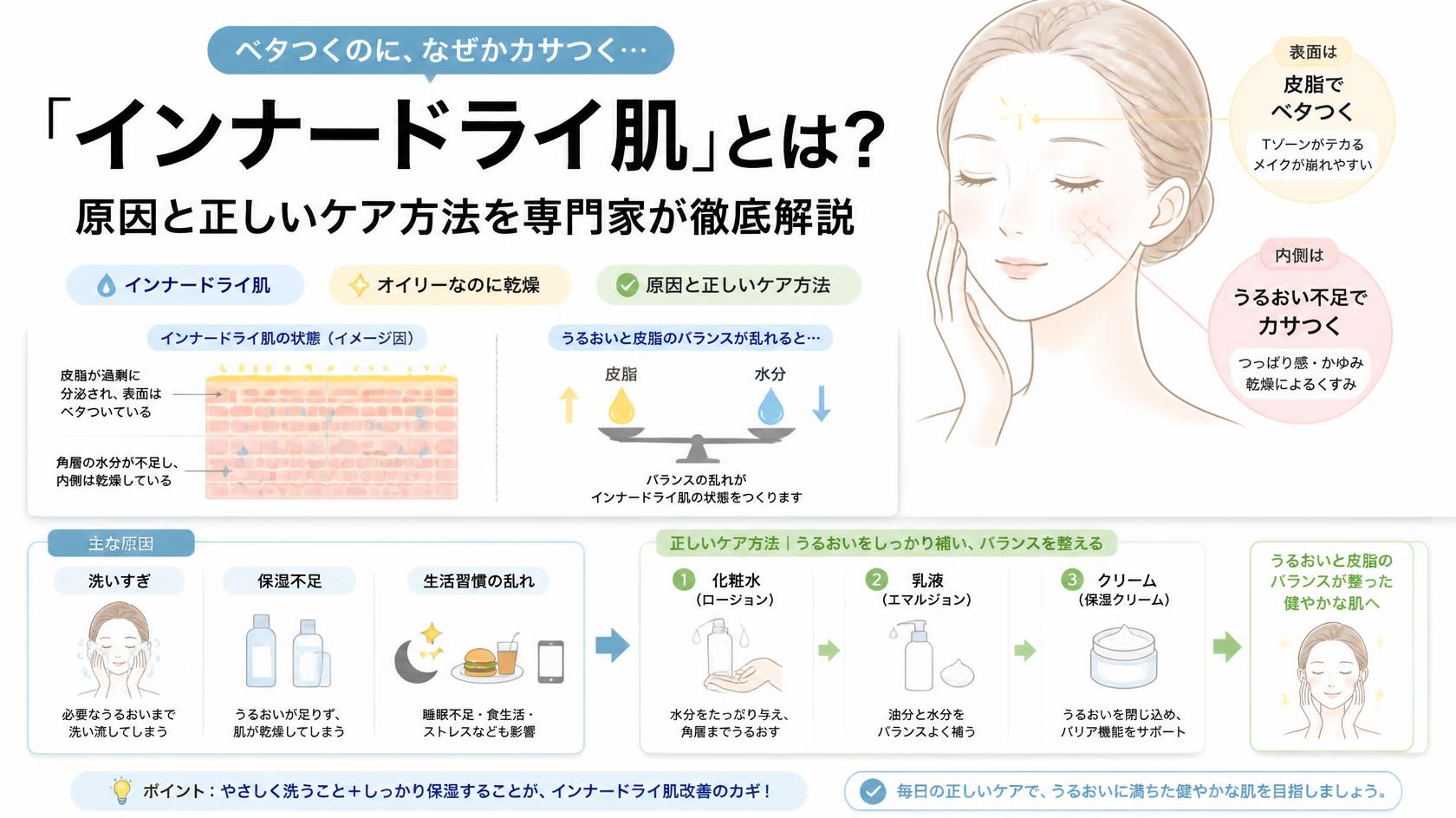 「インナードライ肌」とは?ベタつくのに乾く肌の原因と正しいケア法を専門解説