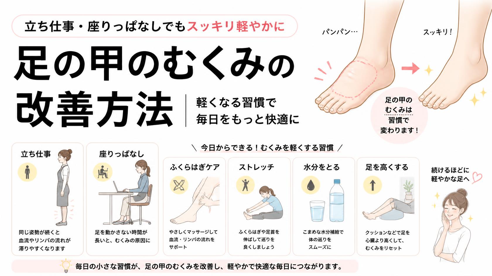 足の甲のむくみを改善する方法|立ち仕事・座りっぱなしでもスッキリ軽くなる習慣