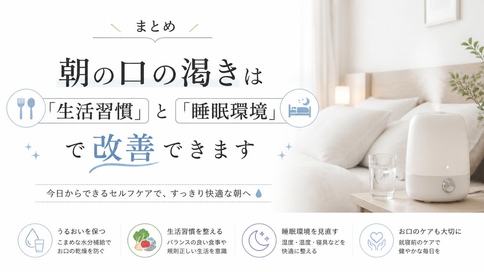 まとめ|朝の口の渇きは「生活習慣」と「睡眠環境」で改善できる