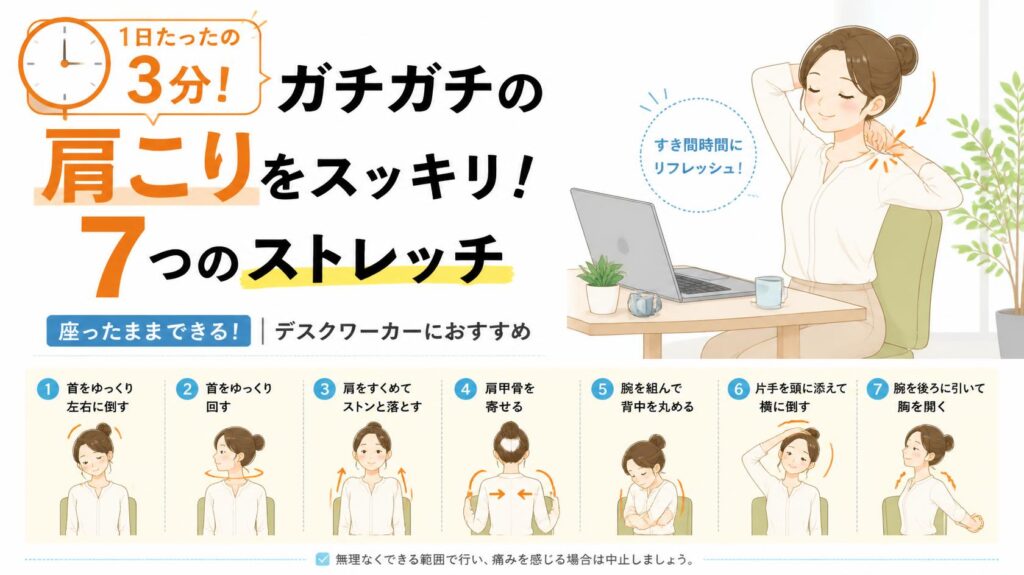 【1日3分】肩こりをスッキリ解消！デスクワーク民に効く神ストレッチ7選｜座ったままで劇的改善