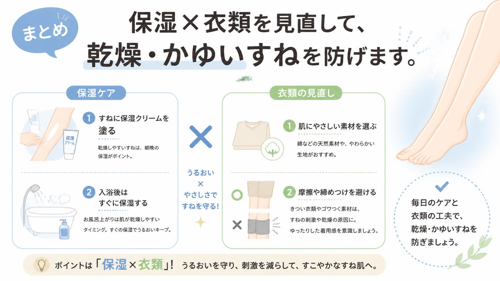 まとめ|「保湿×衣類」の見直しで、すねの乾燥&かゆみは防げる