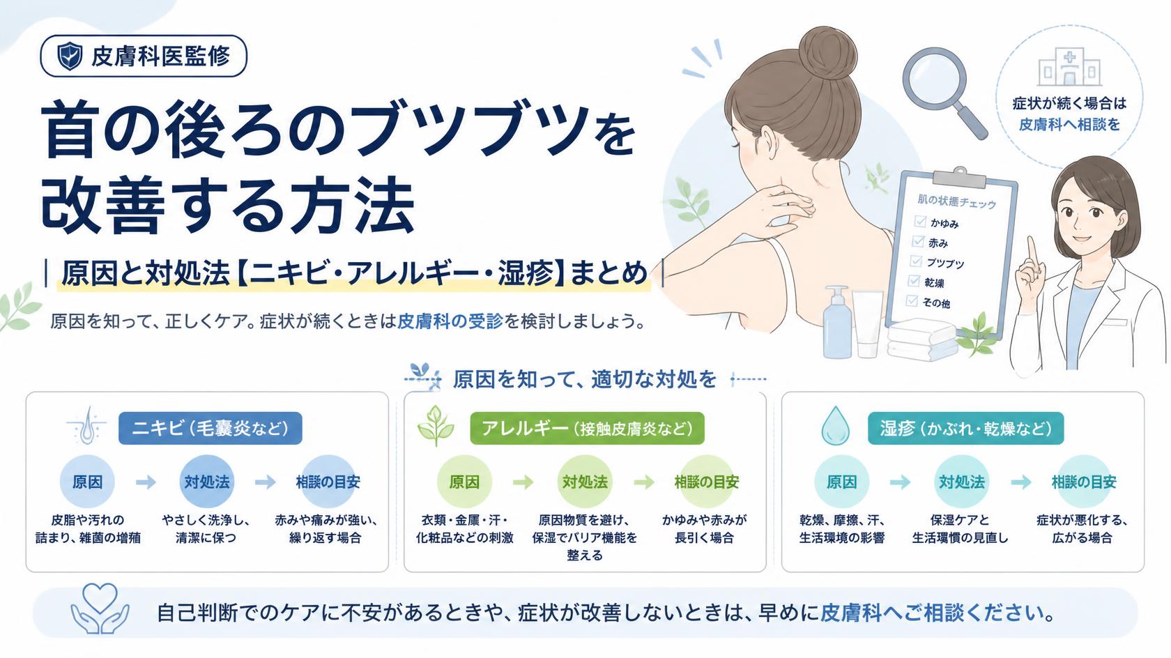【皮膚科医監修】首の後ろのブツブツを改善する方法|ニキビ・アレルギー・かぶれの原因と対策まとめ