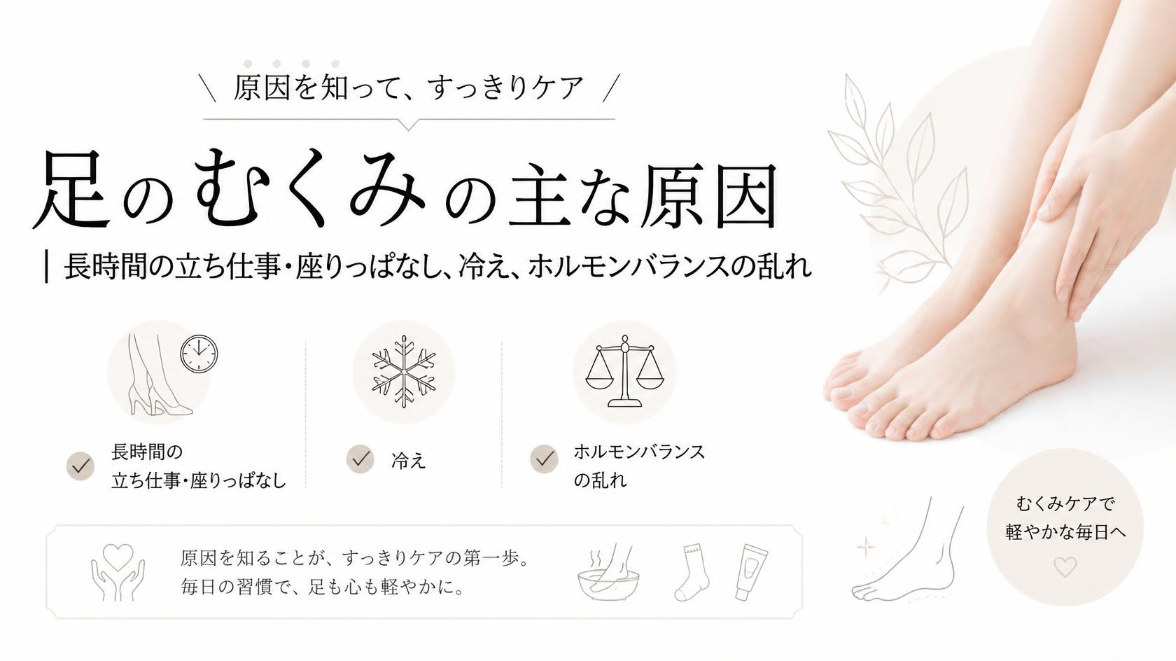 足がむくむ主な原因｜長時間の立ち・座り・冷え・ホルモンバランスの乱れ