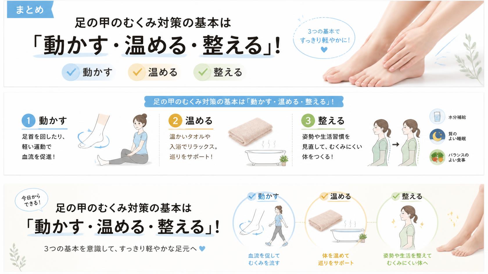 まとめ|足の甲のむくみ対策は「動かす・温める・整える」が基本!