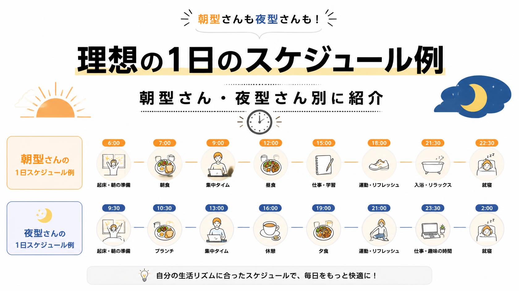 理想の1日スケジュール例|朝型・夜型別に紹介