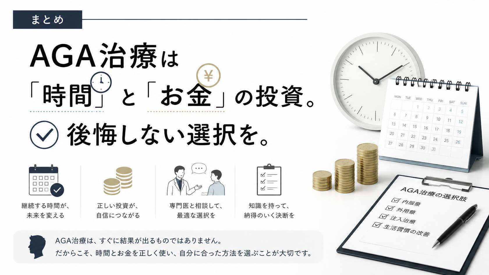 まとめ｜AGA治療は「時間」と「お金」の投資。後悔しない選択を
