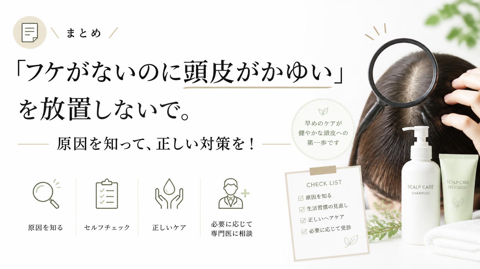 まとめ|「フケなしのかゆみ」は放置しないで。原因を知って正しく対策を!